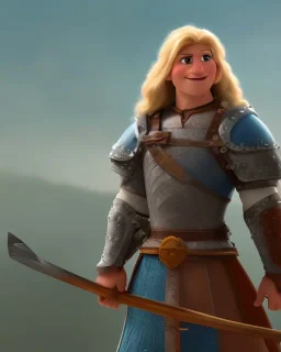 strong medieval warrior with short blond hair, blue eyes and wide warm smile with an axe with green and brown clothes