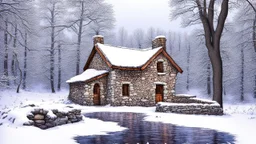 stone cottage in forest in winter