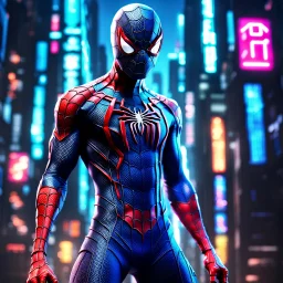 Fhoto full body, reality, Raw, spiderman as cyberpunk, digital art, with logo text "addie", intricate details, powerful composition, captivating, , trending on artstation, sharp focus, studio photo, intricate details, highly detailed high tech, by addie_digi