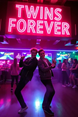 An "Identical twins" performing at dance club, theyre name is "Martin and Mercurius" Happy and celebrity look, , Neon lights and smog, "TWINS FOREVER" big sign on the wall