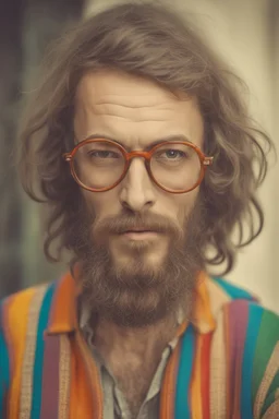 Hippie bohemian young ugly man with Parisian bohemian look and glasses of colours and poor and short short short and poor hair on the head with receding hairline. Farsightedness glasses with big eyes. Long beard. Vintage look and feel like photo styleof the 70s