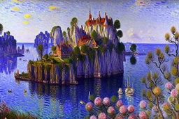 Big epic rock cliff, lagoon, alfred sisley impressionism painting