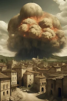 une bombe nucléaire qui explose une ville médiéval style animé