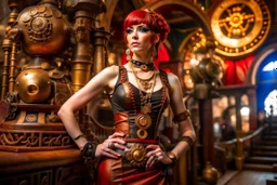 a skinny Cleopatra, with a bob red hairstyle, standing in a steampunk setting.