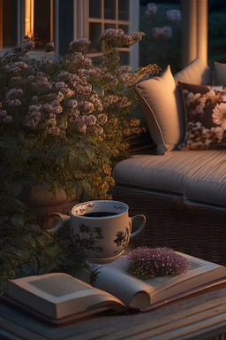 Night, twilight, a light brown wicker sofa with floral cushions, a glass-topped table in front of it, coffee steaming in a porcelain cup, and a down-turned open book next to it. Above the settee, flower bushes in planters, all on the terrace of a luxury house S<AI Nikon D850 highly detailed digital painting sharp focus elegant intricate photorealistic 4k very attractive beautiful dynamic lighting award winning fantastic view crisp quality Unreal Engine very cute cinematic postprocessing acrylic