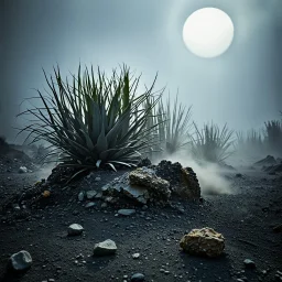 A striking quality photograph captures a wasteland with plants, creepy, details of the dust very accentuated, glossy organic mass, adorned with minerals and rocks. Bathed in intense light, eerie, Max Ernst and Yves Tanguy style, black sun, fog, volumetric light, octane render, cavi e oggetti metallici