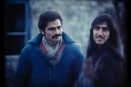 a young man and a beautiful woman standing next to each other, 1 9 8 0 s analog video, with mustache, assyrian, small glasses, cold scene, out of focus background, house on background, the woman has long dark hair, the photo shows a large, deiv calviz, before the final culling