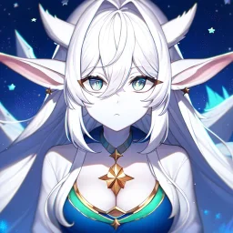 cosmic mage, elf, female, battle mage, epic, cosmic magic, long ears, white hair, face details, pale skin, jewellery, broad shoulders, sharp ears, cosmic clothes, cosmic eyes, ears shown, light out of eyes, the cosmos in eyes, stars in eyes, shining eyes, non human face, thin face, animation, detailed ears, magical eyes, non realistic, closed mouth, bigger make up, smiling face, happy face, pointy ears