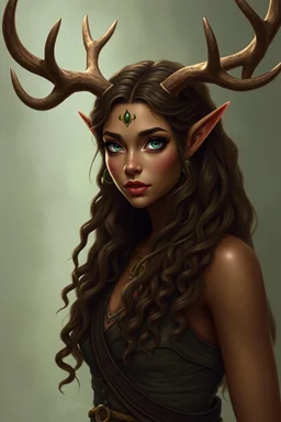 A female fantasy druid with antlers, olive toned skin, long brown curly hair, green eyes. Quirky face