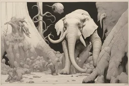 Inking art, Jean Giraud Moebius, John Romita, Milton Caniff, Alex Raymond, John Buscema, An alien beast that looks like a cross between an elephant and a rhinoceros, a snake, and a mantis.
