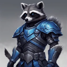 Raccoon monstrosity that is vivid blues in color with solid white eyes and dark grey ruinic armor and arm bands, masterpiece, best quality, in anime portrait art style