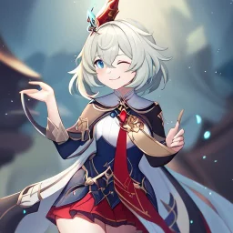 Clear focus, High resolution, short light grey green hair, blue eyes, wearing a genshin uniform, red tie, wearing a skirt, eyes closed, smiling, 1girl, spiky hair, not alot of hair on the side of her head, detailed outfit