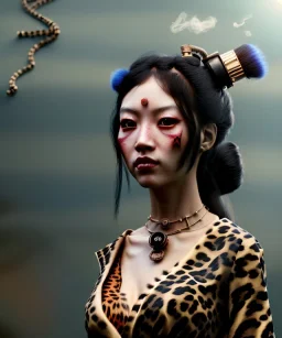 Ultra realistic, steampunk western party scene. Geisha Asian woman with leopard, waist up view, smoke, happy, color fog, people background, highly detailed, concept art, unreal engine 5, god rays, ray tracing, RTX, lumen lighting, ultra detail, volumetric lighting, 3d, finely drawn, high definition, high resolution.