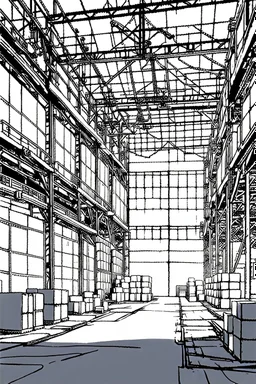 Industrial warehouses, line arts, manga style