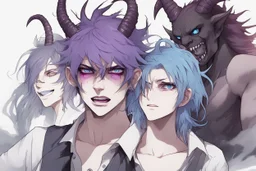 Young man with demon horns, fangs, messy purple hair and blue eyes