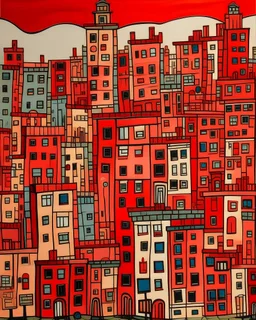 An orangish red metropolis with twisted buildings painted by Jean Dubuffet