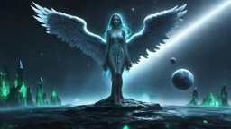 angels with a beautiful face with a wings siting on the monolith made of tiberium crystals of lights, matrix universe, planets on the back grounds, green crystals of tiberium on the life and right