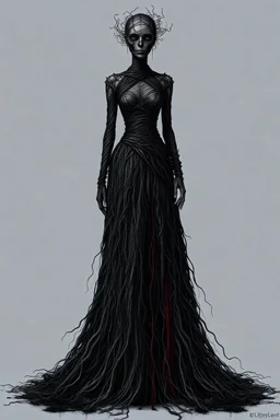 A conceptual fashion illustration of a couture gown inspired by dark surrealism. The dress is made of twisted metal-like threads, cascading textures that resemble melting ink, and a haunting silhouette that evokes mystery and melancholy.