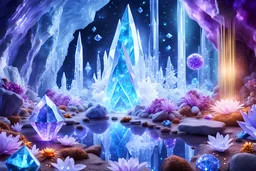 a beautiful photo of a magic futuristic hyper realistic landscape real crystal cavern with planets, ametist,quarz, lights and beautiful blue crystal , diamonds, glitter smalls and littles stars, white and glitter flowers, and stars in the fantasy cosmos,4k, ultra details, real image with intricated details