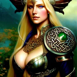 portrait 'beautiful Sexy Busty Blonde Sif',long hair,horned helmet, celtic tattoed,crystal clear green eyes,painting by gaston bussiere, greg rutkowski, yoji shinkawa, yoshitaka amano, tsutomu nihei, donato giancola, tim hildebrandt, oil on canvas, cinematic composition, extreme detail,fit full head inside picture,32k