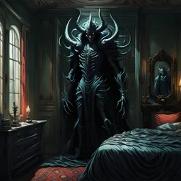 Full length portrait of a chilling shadow demon sneaking into a beautiful woman's bedroom to steal her soul (perfect face, perfect eyes). Integrate Hitchcockian suspense, Giger's nightmarish tones, and employ low-key lighting for spine-tingling eeriness by Peter Mohrbacher