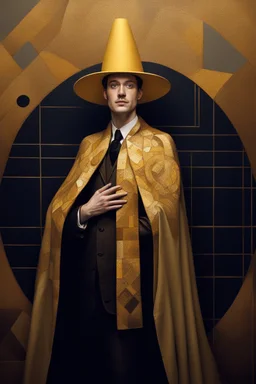 beautiful painting of a extremely handsome man in a golden cape and yellow hat, with multiple eyes on his body in the style of Gustav Klimt. full body portrait features geometric shapes, beautiful colors, golden light, and a dark background. the composition is beautiful, with sharp focus and high resolution.