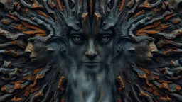 Photorealistic gorgeous point-symmetrical shot of dark slab of bark texture with many ancient female elven goddess faces shaped in the bark. Mist rising from the lower part and across the width of the image. forgotten realms fantasy style by lee jeffries, otherworldly, in the style of fantasy movies, shot on Hasselblad h6d-400c, zeiss prime lens, bokeh like f/0.8, tilt-shift lens, 8k, high detail, smooth render, unreal engine 5, cinema 4d, HDR, dust effect, vivid colors