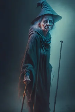 portrait of witch on crutches, trending art, 8k, depth of field, volumetric fog