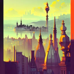 Skyline from Belvedere di spianata castelletto,big city,Beaux Arts architecture,Book illustration by Gediminas Pranckevičius, Jean Baptiste Monge, Brian Kesinger, Anton fadeev, Kilian Eng, strong lines, high contrast vibrant colors, highly detailed, 16k resolution, trending on behance