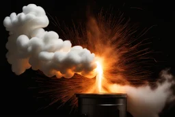 dark background. billowing white smoke (front, spiraling from bottom right side and across), lighting bolt (back, middle from left to right), orange metal sparks (spray across) from grinder(bottom right). energetic