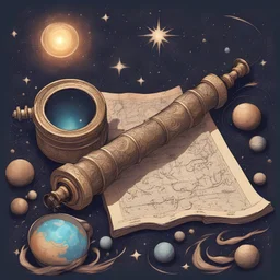 Astronomical telescope atop star charts and scrolls with cosmic inkwell, atmospheric color pen still life fantasy illustration