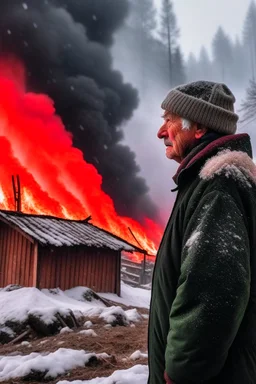 old man watching his house burn down on a snowing mountain