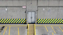 wall design for parking garage, concrete, yellow painted hazard lines, weathering and water stains, in middle is a realistic steel double doors to a stairway, with a sign is above. rough painted hashmarks and parking lines, add signage found in a parking garage.