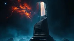 Stairs between heaven and hell, a big vertical spiral staircase made of indefinable material, the end of which cannot be seen, connecting the hellish dark depths with the endless dark blue universe, higg detailed, surreal, dark vibe, cinematic