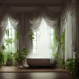 a gorgeous, stunning spa with gauzy curtains, beautiful, ornate bath, dark wood floor, plants, candles, flowers, tranquil, 8k resolution, high-quality, fine-detail, digital art, detailed matte, volumetric lighting, illustration, 3D octane render, brian froud, howard lyon, selina french, annie stokes, lisa parker, greg rutowski,