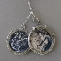 pendant in a form of two conjoined silver coins, watercolor, large strokes, illustration, fantasy