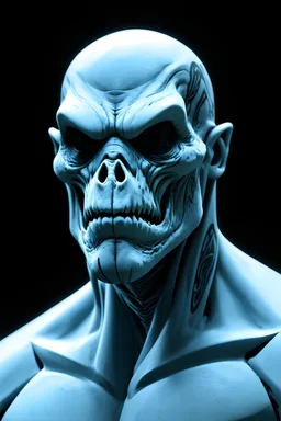 A pale blue Goliath with a bald head and face tattoos