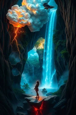 the waterfall is full of holes with various jungle flowing spiral cloud neon colorful Unique open cliff burning ripped surrealistic artwork with shiny shackled by cliff and sea island, while holding a waterfall doing pulling, the open cavity inside the body is a scene of an ancient Egyptian painting in the Gesang desert 5D diorama, with seven open panels on the revealing a forest with a thousand shadows, giving a triple exposure effect on a Balinese girl and her neck cavity, with a background in