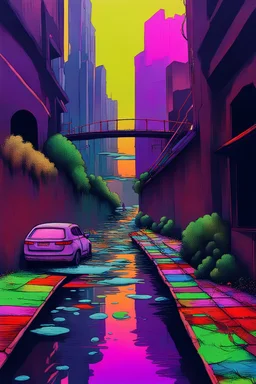 painting of a cyberpunk colourful natural walkway rubbish on the street in the city with pollution and a small bridge by a creek by monet and replicant dreams androids and electric sheep