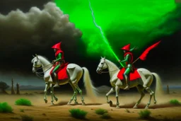 Hun Arrow Crossers on horseback, scorched earth, thunderstorm, red, white, green, sürrealism