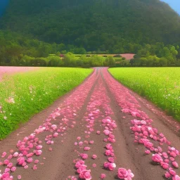 gravel road, pink roses field