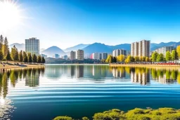 Sunny day, distant modern city, lake, lake reflections, people, mountains