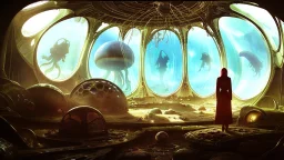 woman standing inside the interior of a ruined alien spaceship, with a circular window, overrun with mushrooms with jellyfish tentacles