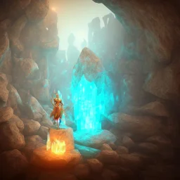 transparent crystal, on an altar in a foggy cave, cinematic,turqoise, bright light colors