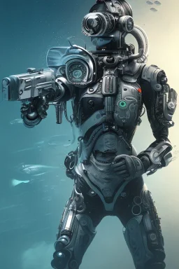 diver like a cyborg,with gun,detail,textures,cinematic