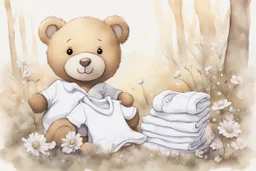 close-up of a cute chibi teddy bear packing piles of white clothes in the forest, laundry machine, grass and flowers next to him, melting watercolour and black ink outlines on wet paper, photorealistic, golden glitters S<AI in sunshine, ethereal, cinematic postprocessing