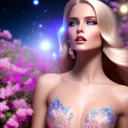 Full body Princess, sexy woman blondie, make up, beautiful smiling face,blue eyes, beautiful place,amazing, flowers, colors, blue and pink butterfly, realistic, photo real, stars night, detailed, high contrast, 8k high definition, unreal engine 5, extremely sharp detail, light effect, light background