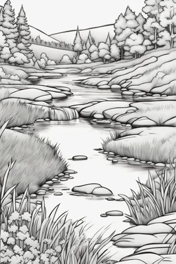 coloring page, creek through a meadow, cartoon style, thick lines, low detail, no shading