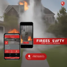 **Content Visual Art:** An augmented reality app that gamifies fire safety training. Users can scan their environment to identify potential fire hazards, practice extinguisher techniques on virtual fires, and learn evacuation procedures. The app features customizable difficulty levels and interface options to accommodate various disabilities. **Appearance:** Content art ideas combine fire safety training, types of fires, equipment usage, and public awareness, with a focus on inclusivity and disa