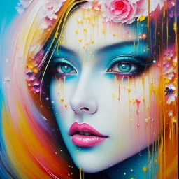 iv_a painting of a young woman, figurative art, an acrylic detailed painting, , brush strokes, paint drips and drabs and splatters by Harumi Hironaka, turquoise pink and yellow, james terrell art, trending on artstation, soft lines,intricate art by bastien lecouffe deharme and greg rutkowski